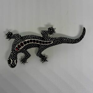 Lizard Gecko Reptilian Silver Tone Ruby Rhinestone Brooch Vintage